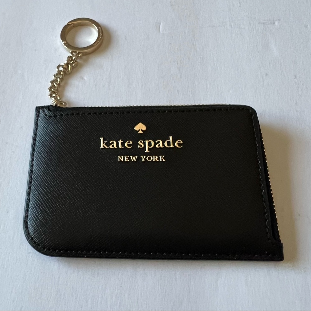 KATE SPADE CAMERON CARD HOLDER ZIP POUCH WITH KEY CHAIN BLACK LEATHER GOLD NWOT